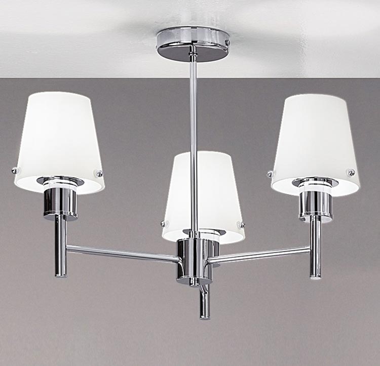 Franklite Turin 3 Arm Semi Flush Ceiling Light Chrome Matt Opal Glass