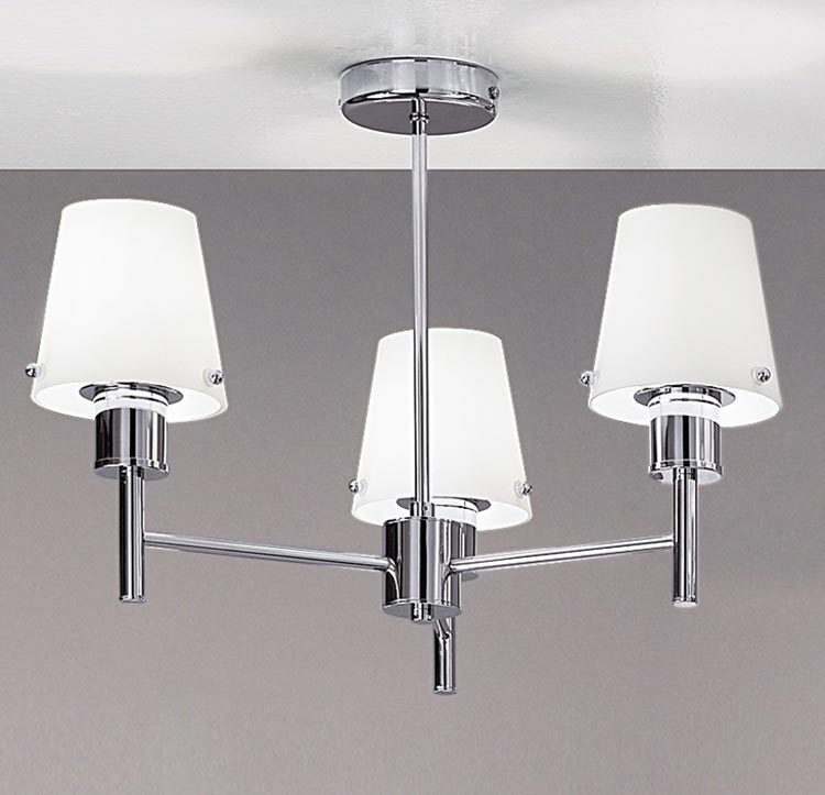 Elegant 3 Arm Semi Flush Low Ceiling Light Chrome Matt Opal Glass