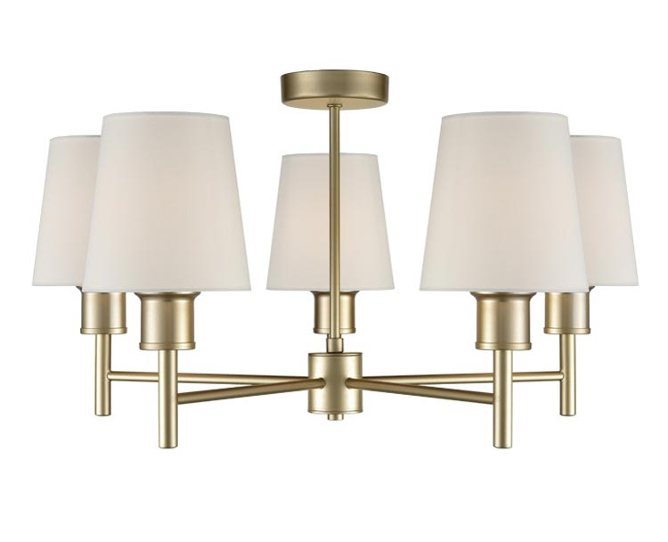 Elegant 5 Arm Semi Flush Ceiling Light Matt Gold Cream Fabric Shades