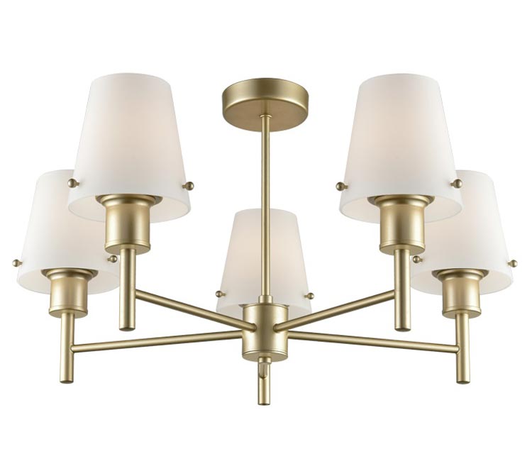 Elegant 5 Arm Semi Flush Ceiling Light Matt Gold Opal Glass Shades