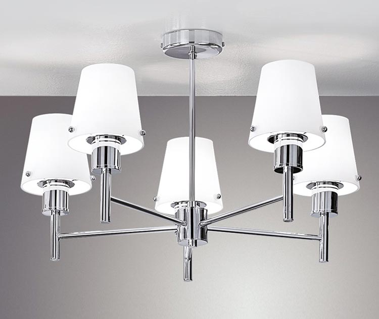 Elegant 5 Arm Semi Flush Low Ceiling Light Chrome Matt Opal Glass