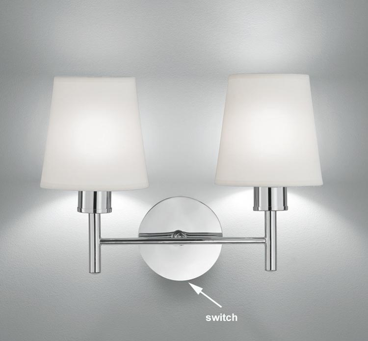 Elegant 2 Light Twin Switched Wall Light Chrome Cream Fabric Shades