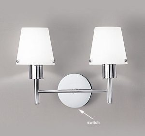 Franklite FL2126/2/991 Turin twin switched wall light in polished chrome with matt opal glass shades