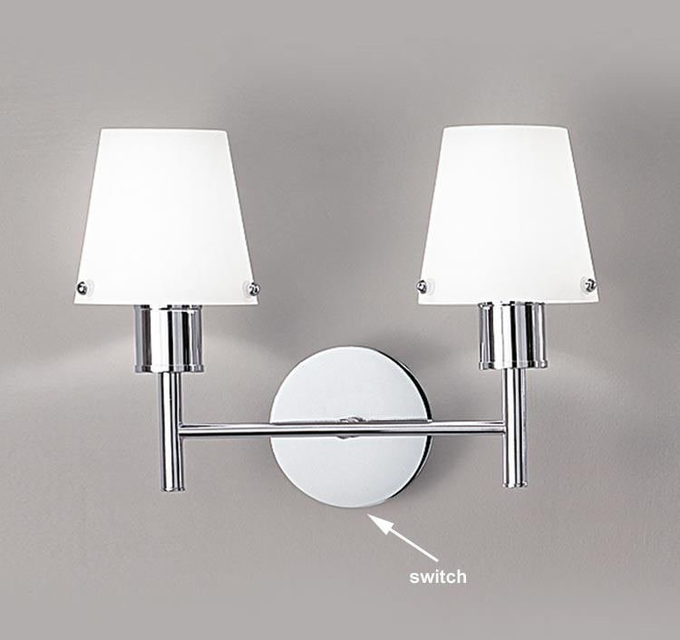 Elegant 2 Lamp Twin Switched Wall Light Chrome Matt Opal Glass Shades