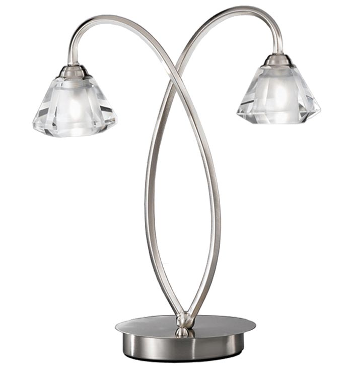 Modern Classic 2 Light Table Lamp Satin Nickel Crystal Glass Shades