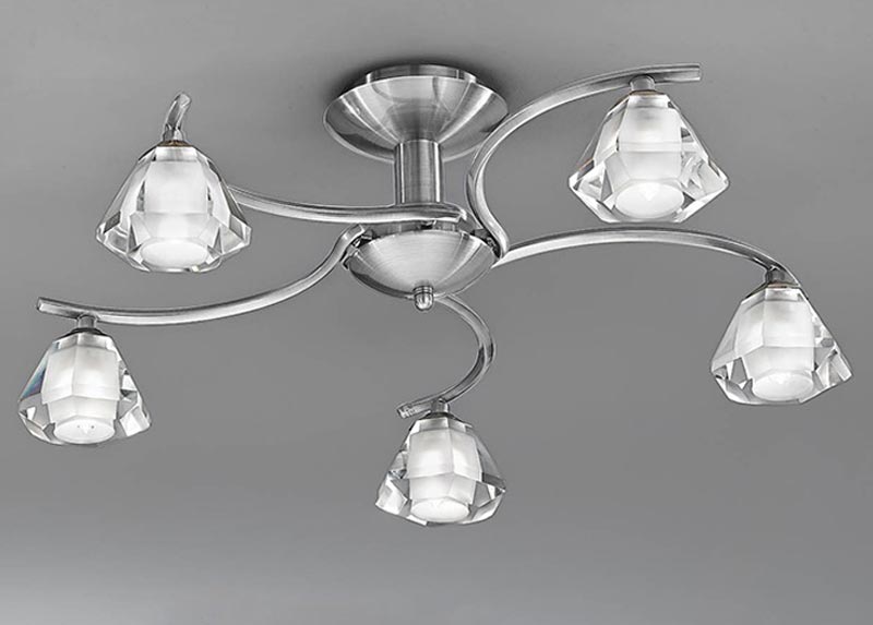 Modern 5 Arm Semi Flush Low Ceiling Light Satin Nickel Crystal Shades