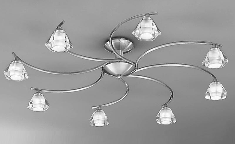 Modern 8 Arm Semi Flush Low Ceiling Light Satin Nickel Crystal Shades