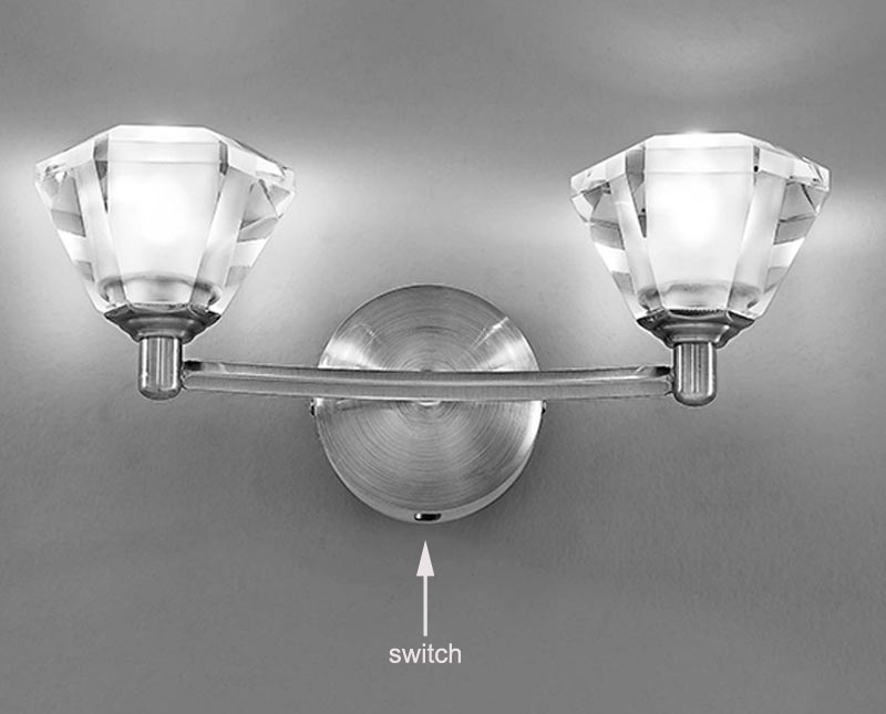 Modern Classic 2 Lamp Switched Wall Light Satin Nickel Crystal Shades