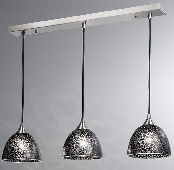 Contemporary 3 Light Ceiling Pendant Satin Nickel Black Crackle Glass