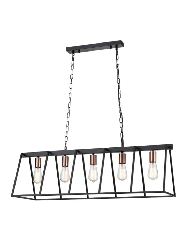 Modern Industrial Style 5 Light Ceiling Pendant Matt Black / Satin Copper