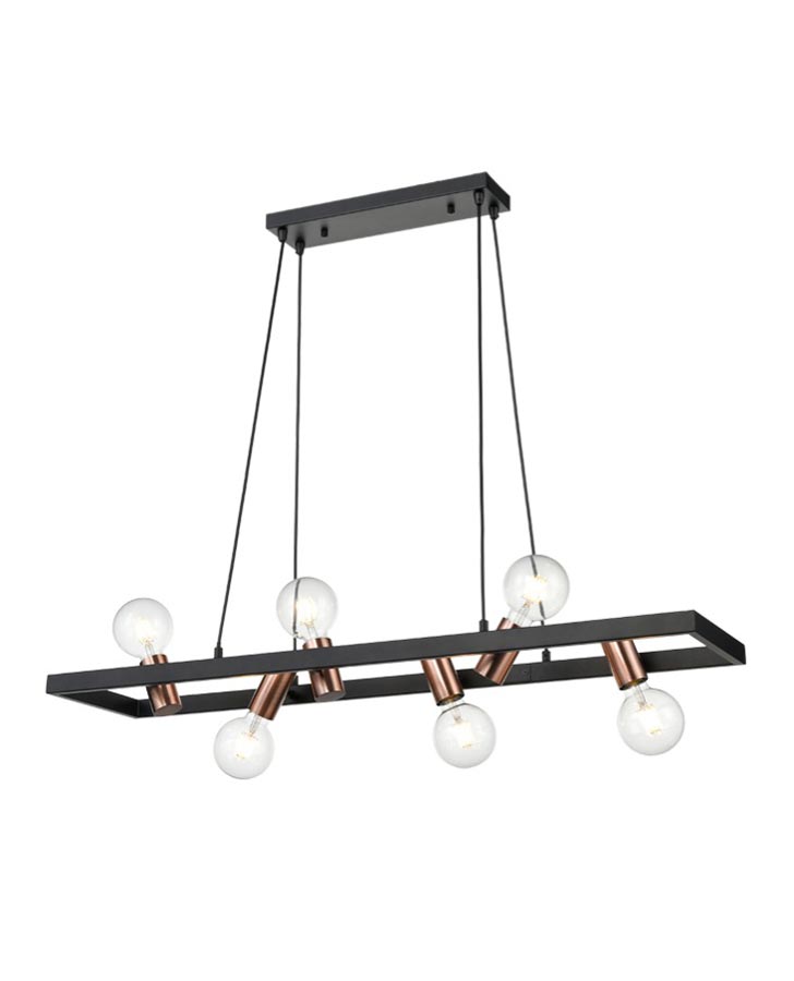 Modern Industrial Style 6 Light Ceiling Pendant Matt Black / Satin Copper