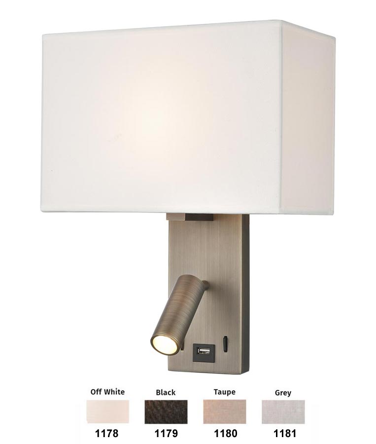 Bedside LED Wall Reading Light USB Port Bronze Rectangular Shade