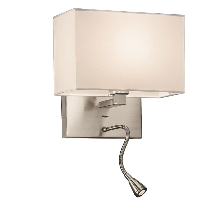 Bedside Wall Flexible LED Reading Light Satin Nickel Off White Shade
