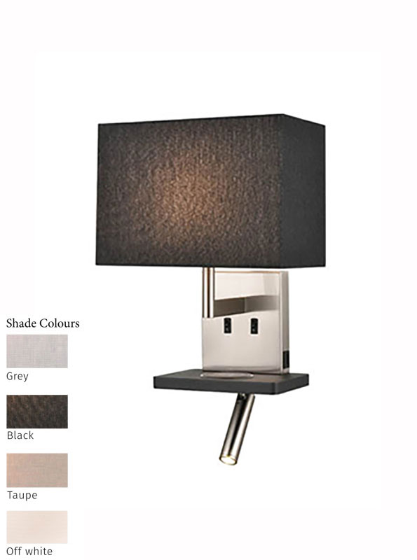 Bedside Wall Reading Light USB Port Satin Nickel / Black Shade Choice