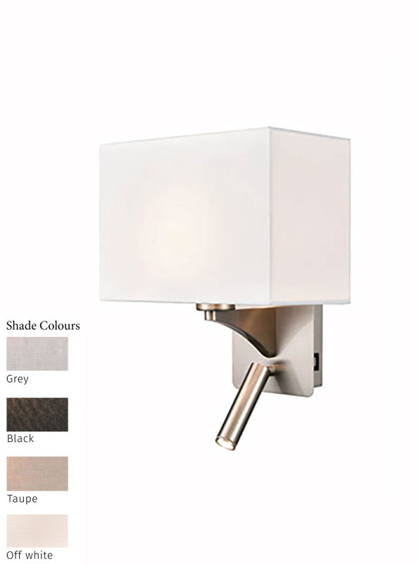 Switched Bedside Wall Reading Light USB Port Satin Nickel Shade Choice