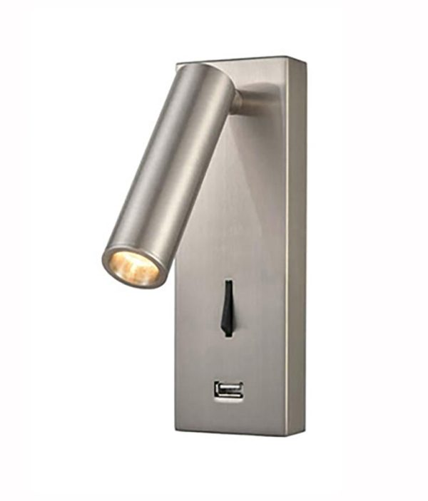 Switched LED Bedside Wall Reading Spot Light USB Port Satin Nickel