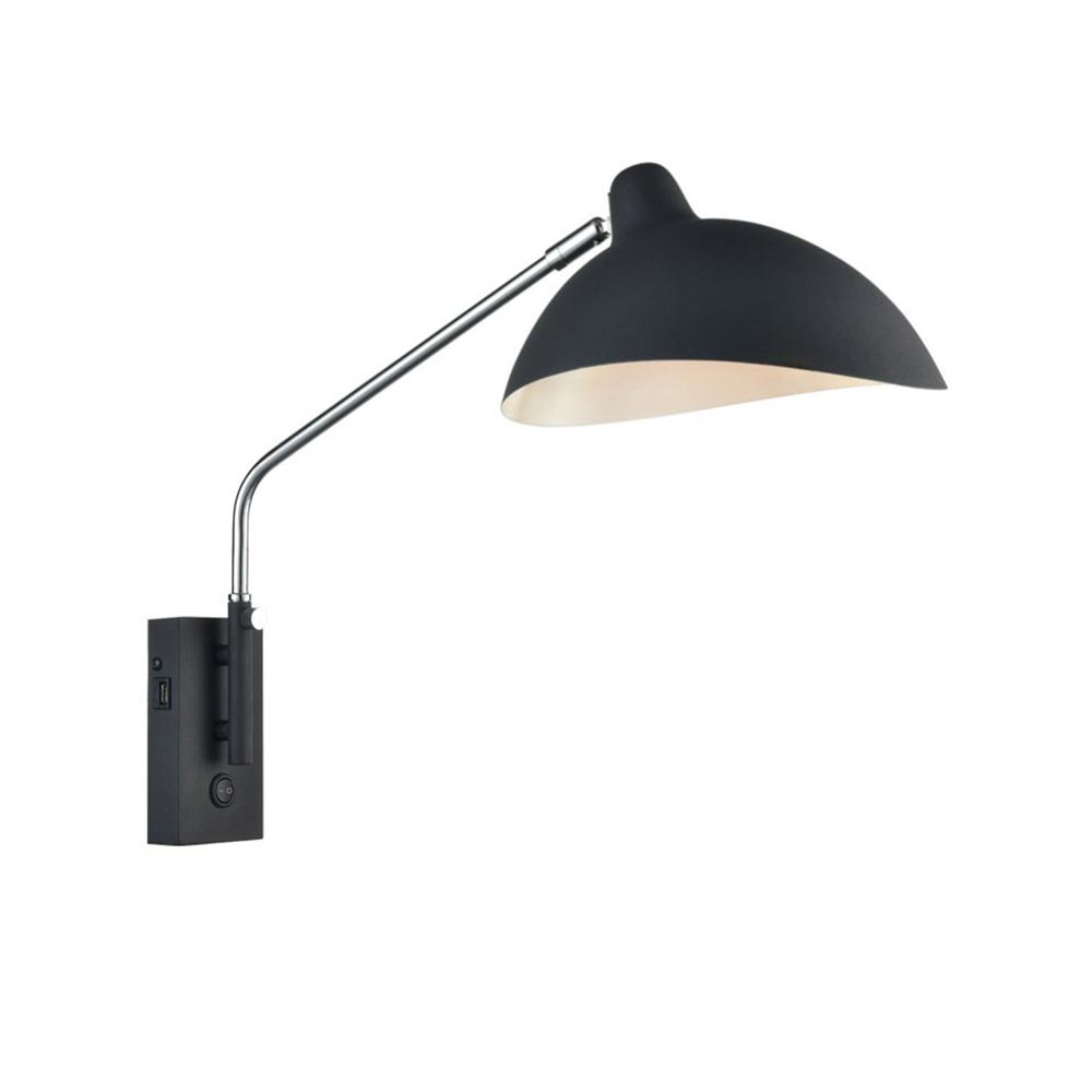 Large 1 Lamp Swing Arm Bedside Wall Light USB Port Black / Chrome