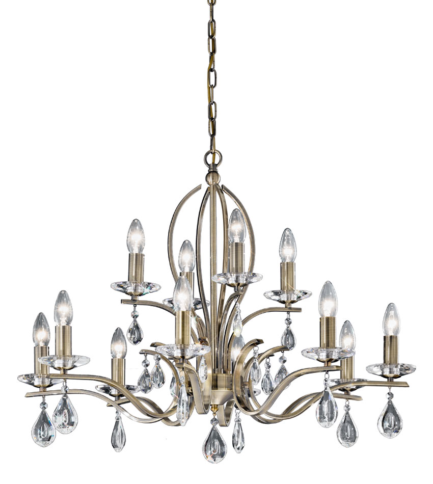 Contemporary 12 Light Chandelier Bronze Finish Crystal Drops