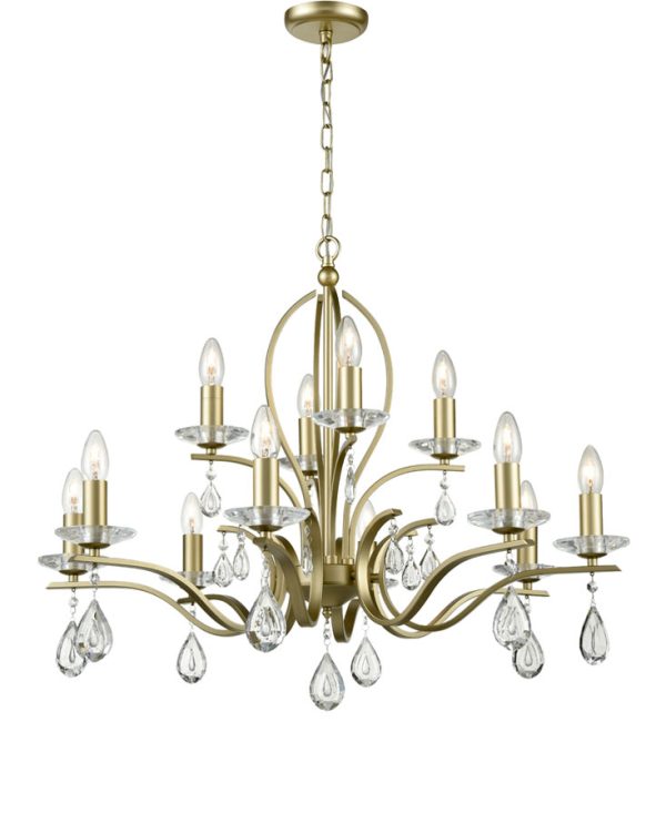 Franklite FL2384/12 Willow 12 light chandelier in matt gold with crystal drops