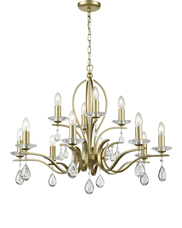 Contemporary 12 Light Chandelier Matt Gold Finish Crystal Drops