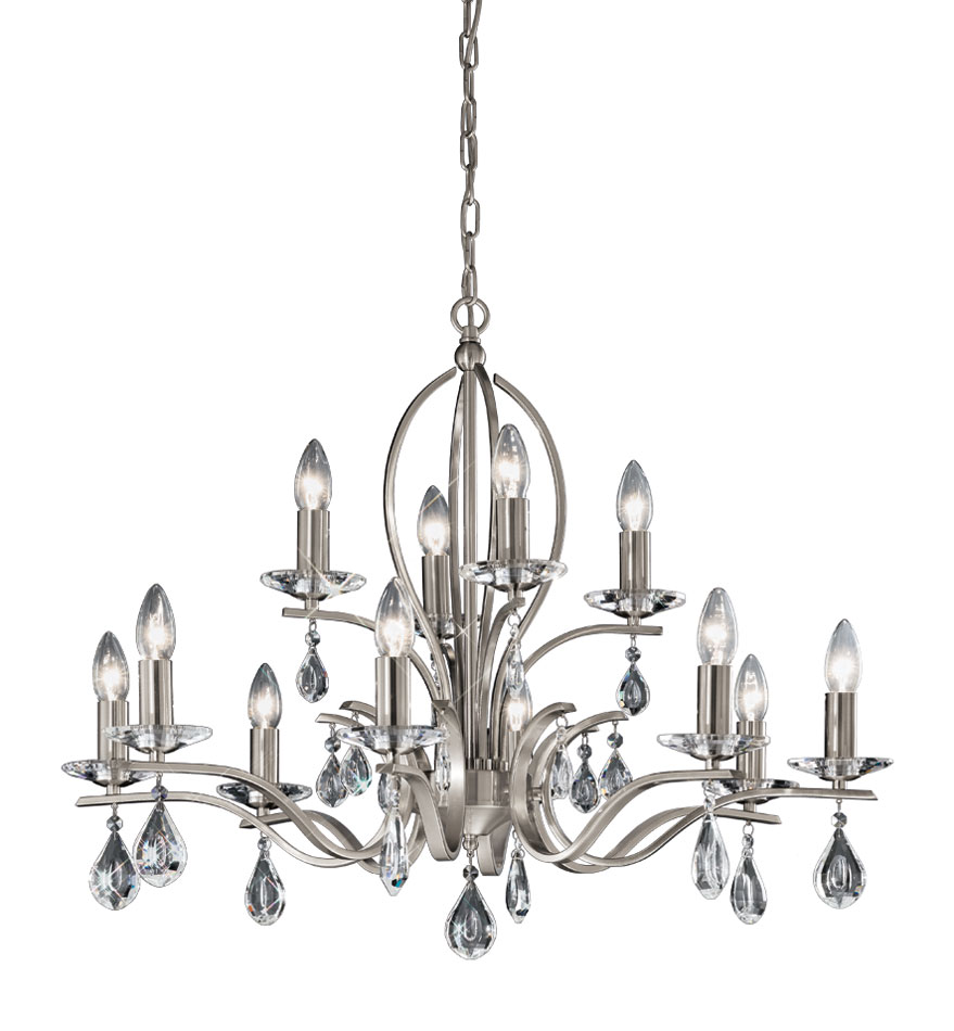 Contemporary 12 Light Chandelier Satin Nickel Finish Crystal Drops