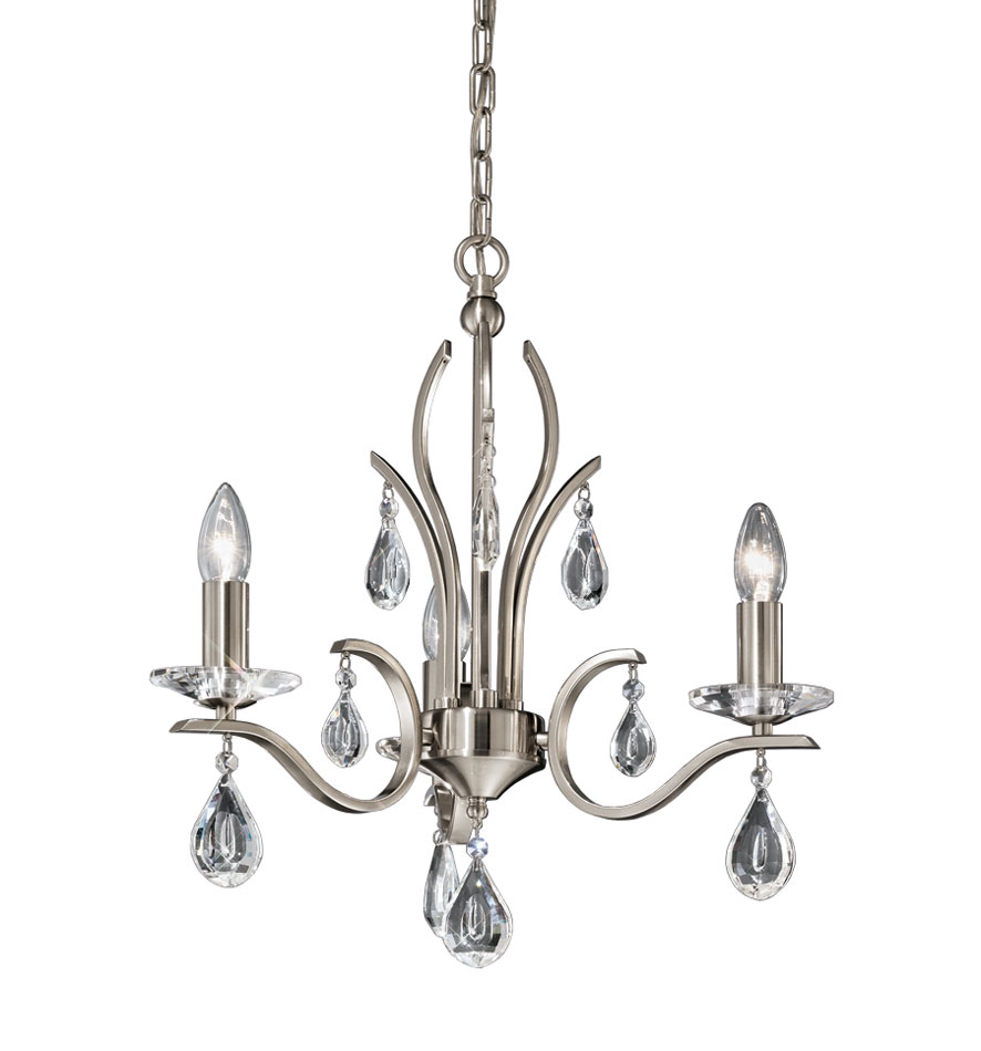 Contemporary 3 Light Chandelier Satin Nickel Finish Crystal Drops