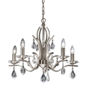 Franklite FL2298/5 Willow 5 light chandelier in satin nickel with crystal drops