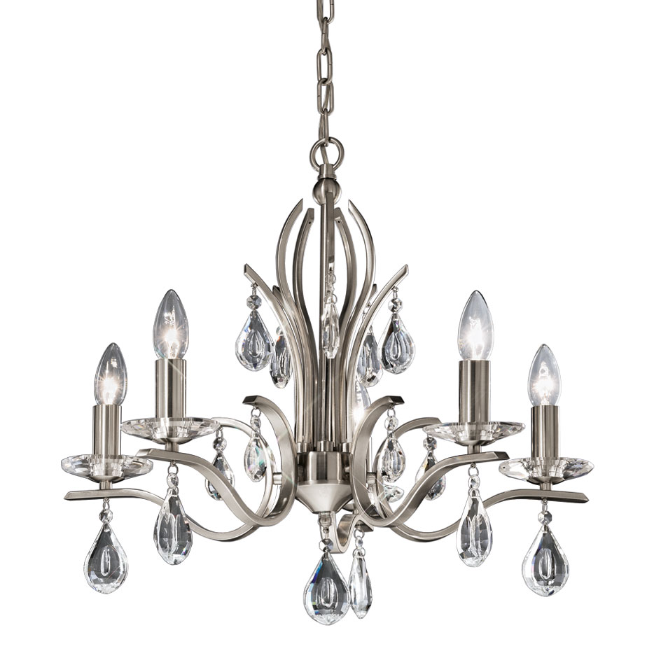 Contemporary 5 Light Chandelier Satin Nickel Finish Crystal Drops