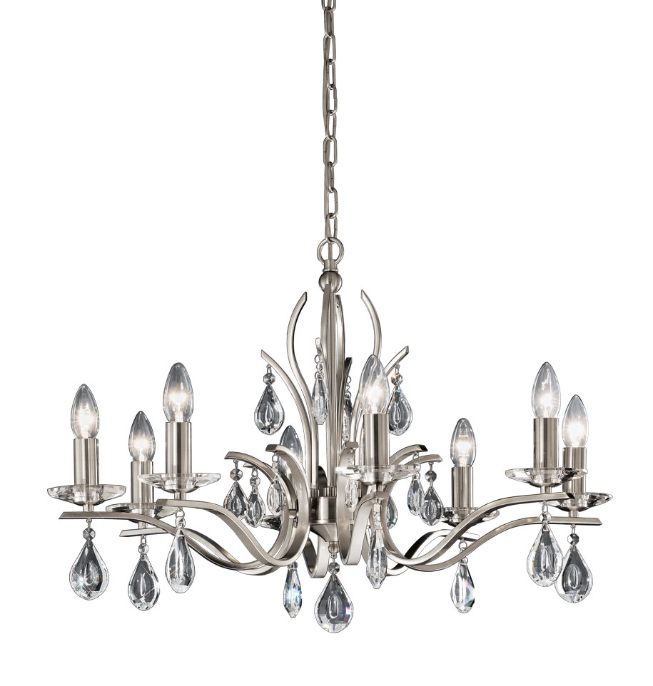 Contemporary 8 Light Chandelier Satin Nickel Finish Crystal Drops