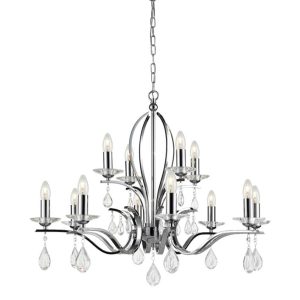 Contemporary 12 Light Chandelier Polished Chrome Crystal Drops
