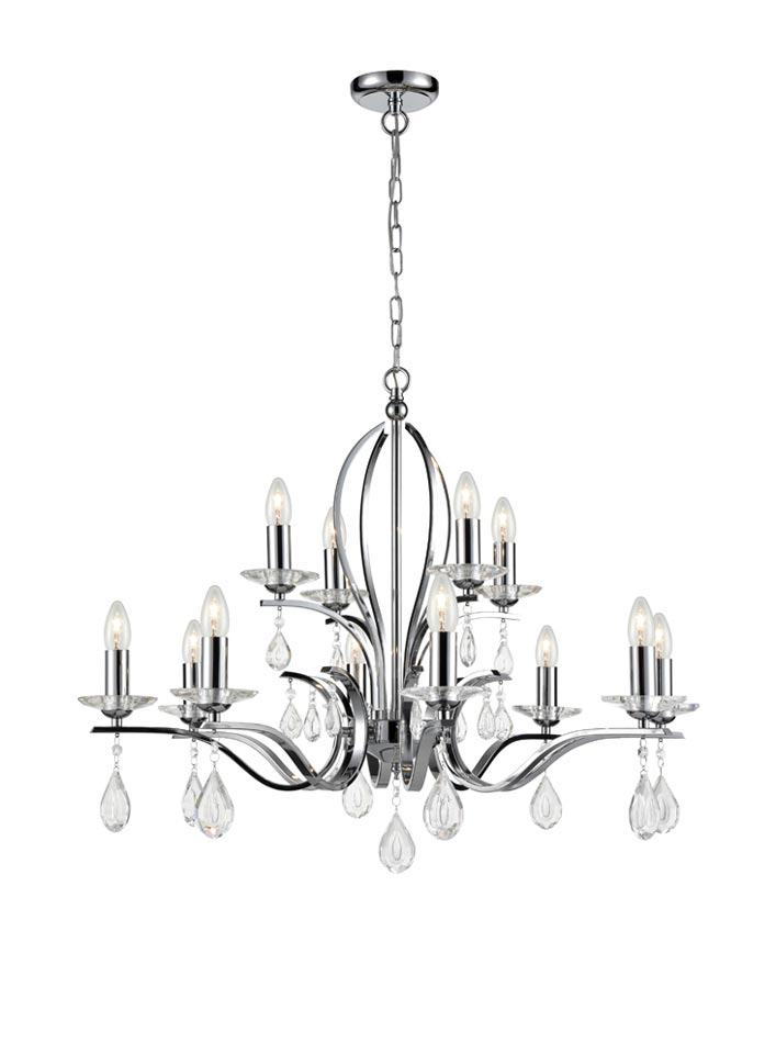 Contemporary 12 Light Chandelier Polished Chrome Crystal Drops