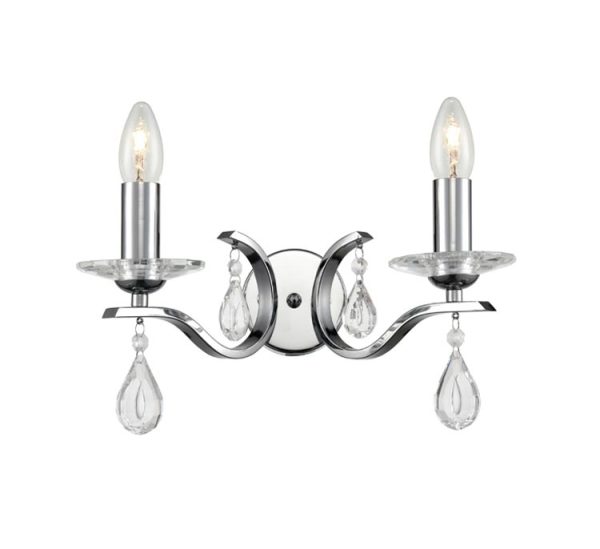 Contemporary 2 Lamp Twin Wall Light Polished Chrome Crystal Drops