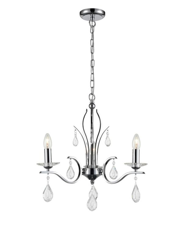 Contemporary 3 Light Chandelier Polished Chrome Crystal Drops