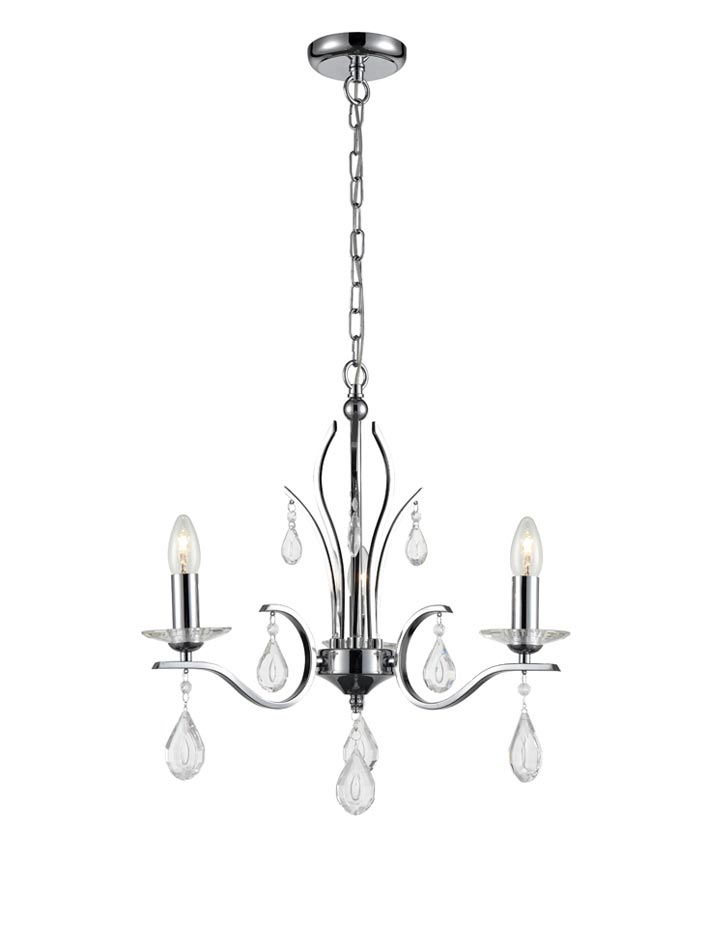 Contemporary 3 Light Chandelier Polished Chrome Crystal Drops