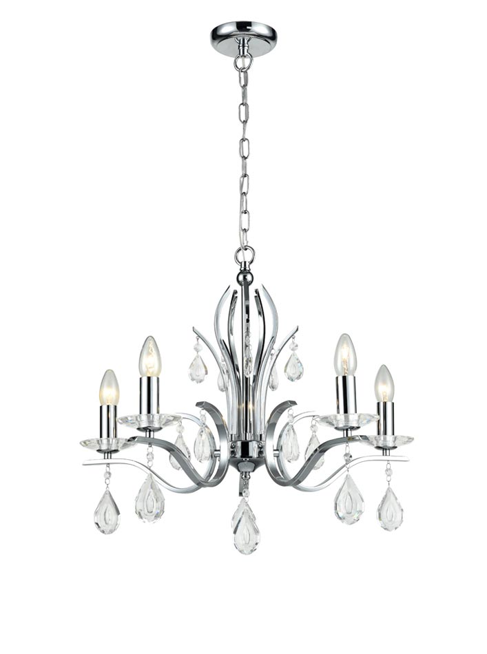 Contemporary 5 Light Chandelier Polished Chrome Crystal Drops