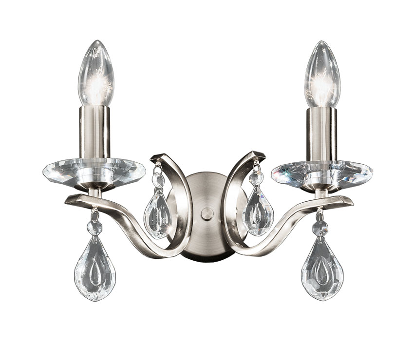 Contemporary 2 Lamp Twin Wall Light Satin Nickel Finish Crystal Drops