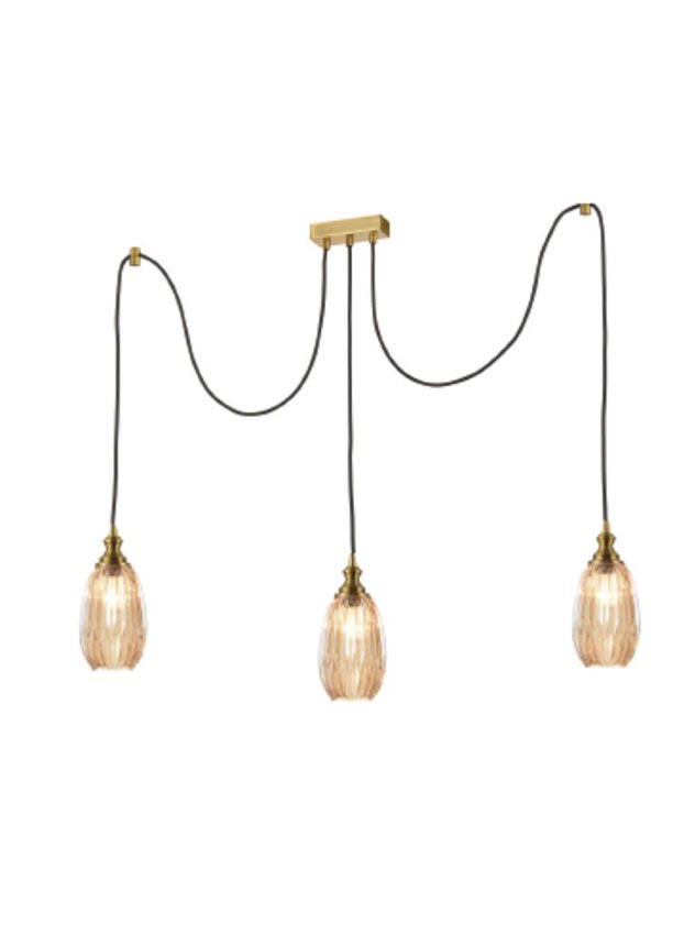 Classic Bronze Finish 3 Light Pendant 15cm Ribbed Amber Glass Shades