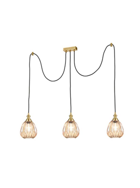 Classic Bronze Finish 3 Light Pendant 18cm Ribbed Amber Glass Shades