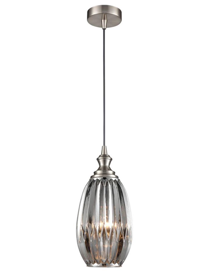 Classic 15cm Ribbed Smoked Glass 1 Light Ceiling Pendant Satin Nickel