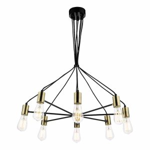 Gabriel 8 light modern industrial chandelier black and gold on white background lit