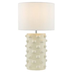 Georgina ceramic table lamp with gloss white glaze and white linen drum shade, on white background lit