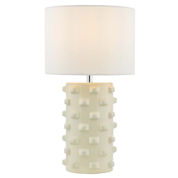 Georgina ceramic table lamp with gloss white glaze and white linen drum shade, on white background lit