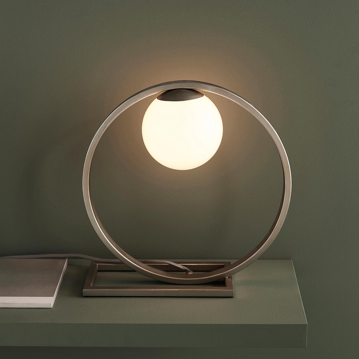 Geometric Circle Table Lamp Brushed Silver Opal Glass Globe Shade