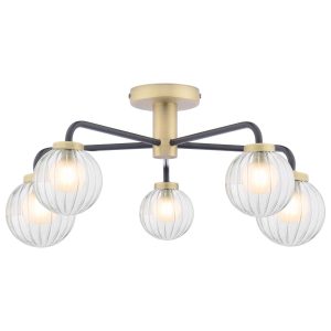 Gibbs 5 light semi flush ceiling light in antique brass with glass shades on white background lit