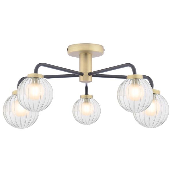 Gibbs 5 light semi flush ceiling light in antique brass with glass shades on white background lit