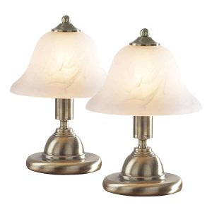Gloucester touch table lamp in antique brass with alabaster shade on white background