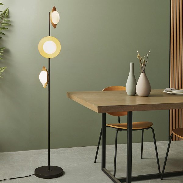 Modern gold and bronze dish shade 3 light floor lamp with matt black base main image