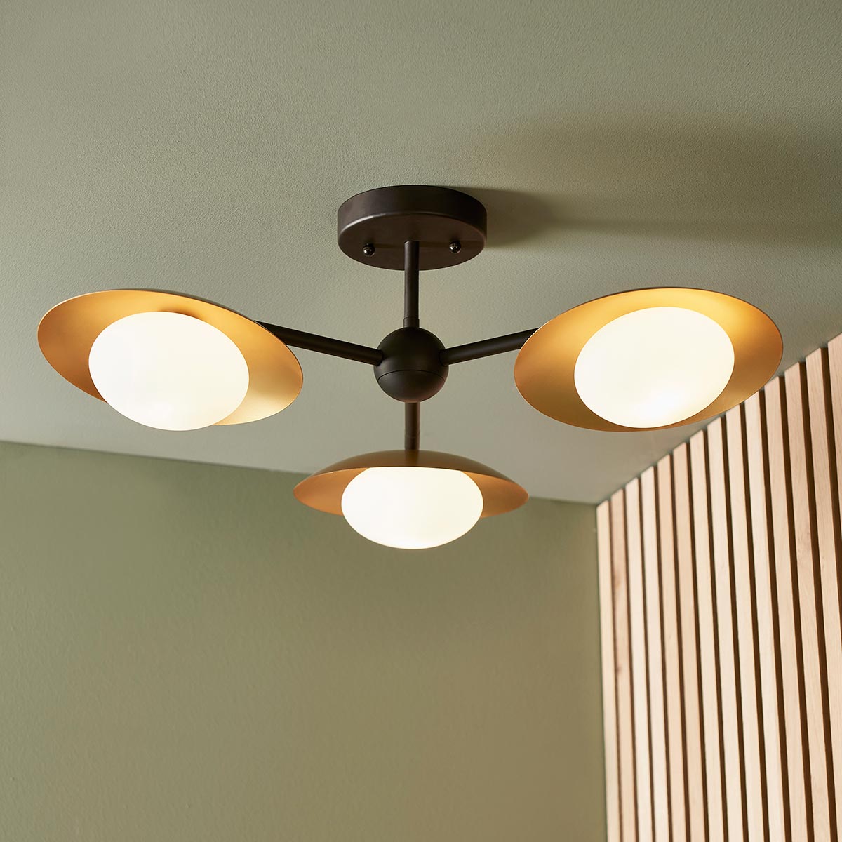 Modern Gold & Bronze Dish Shades 3 Light Ceiling Semi Flush Matt Black