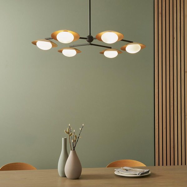 Modern gold and bronze dish shades 6 light pendant in matt black main image