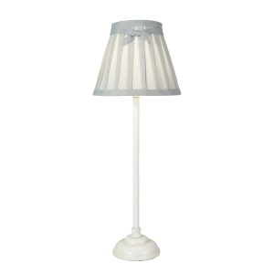 Grace dainty candlestick table lamp in white with grey shade on white background